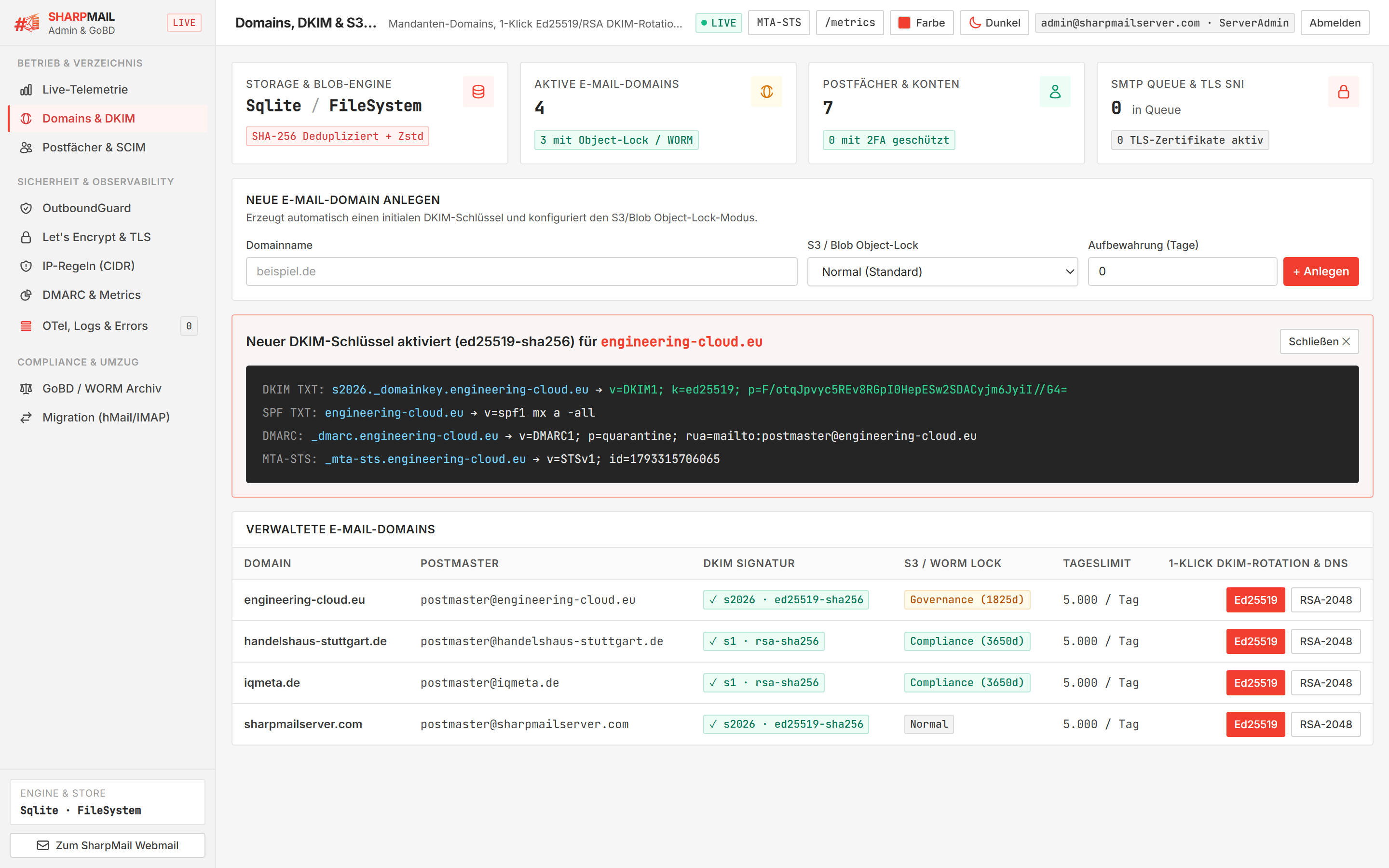 Multi-Tenant Domains, 1-Click Dual-DKIM & S3 Object Lock